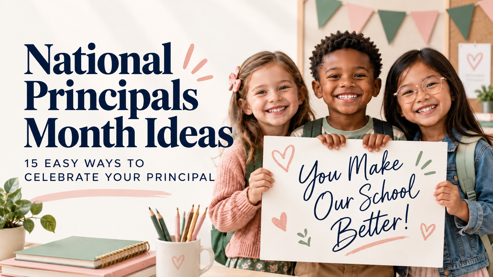 National Principals Month Ideas: 15 easy ways to celebrate your principal, with three smiling students holding a sign that reads You Make Our School Better!