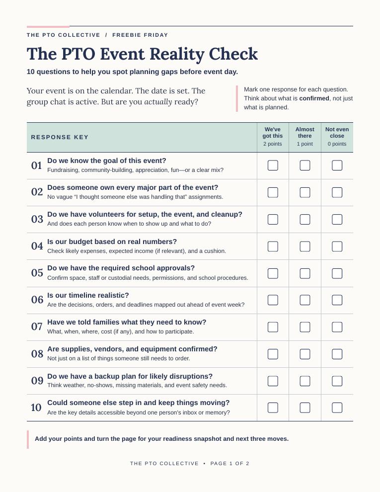 First page of The PTO Event Reality Check, a free printable event readiness checklist for PTO and PTA leaders