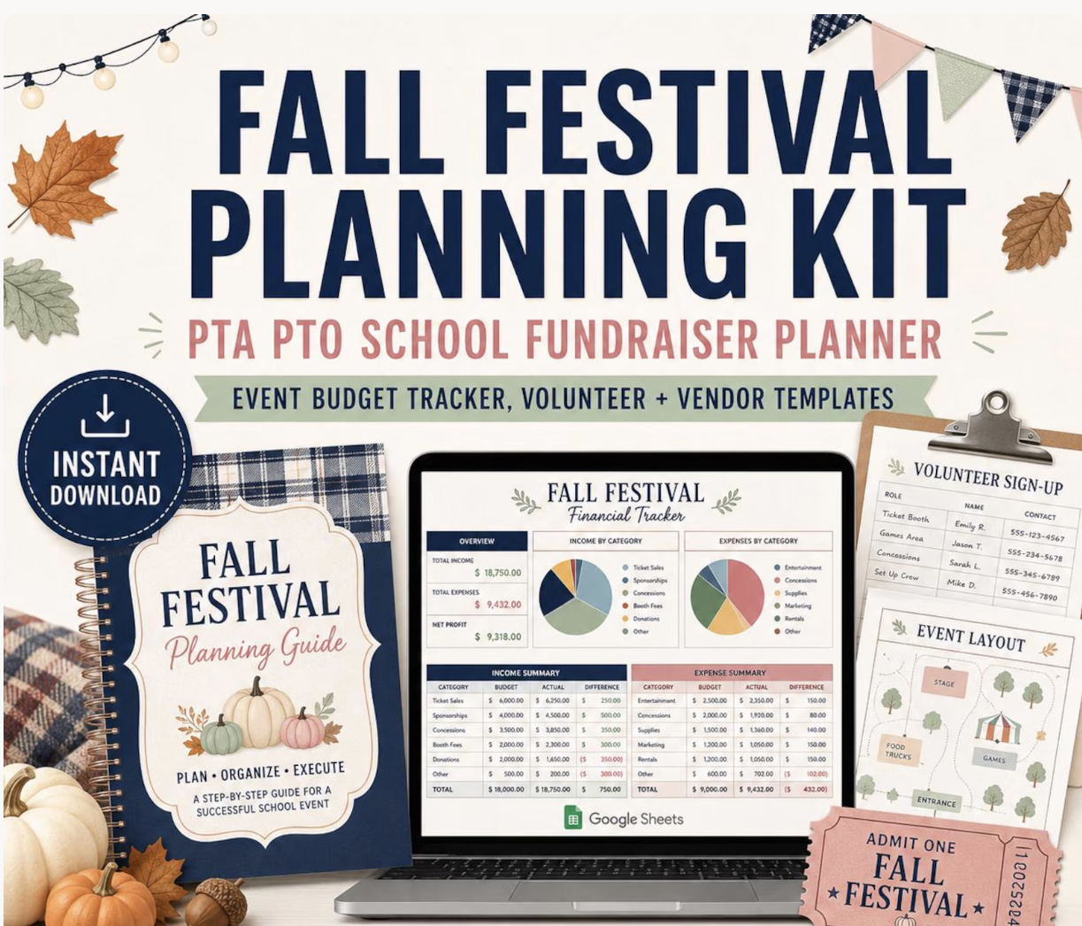 Fall festival planning checklist and kit for PTO leaders with budget tracker, volunteer sign-up, and event layout templates