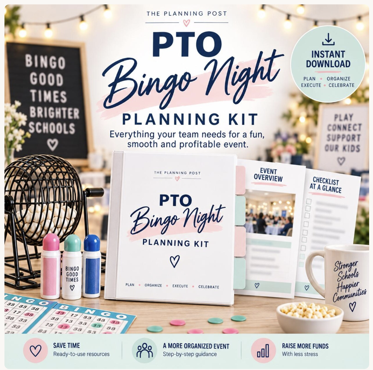 PTO Bingo Night Planning Kit from The Planning Post, a printable planning binder shown with a bingo cage, daubers, and bingo cards.