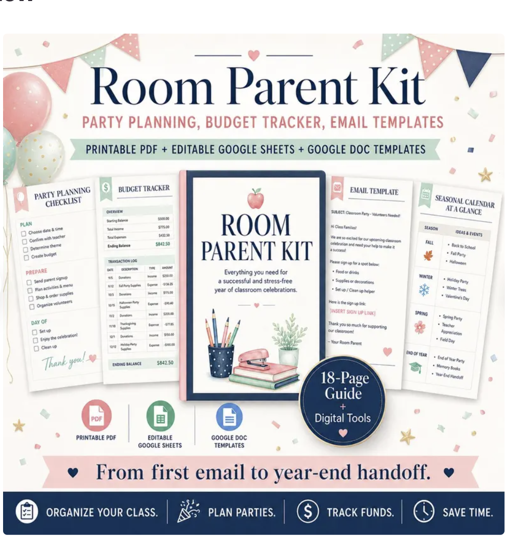 Room Parent Kit with a budget tracker, email templates, and classroom party planning checklists