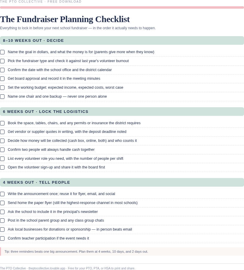 Preview of the first page of the free fundraiser planning checklist