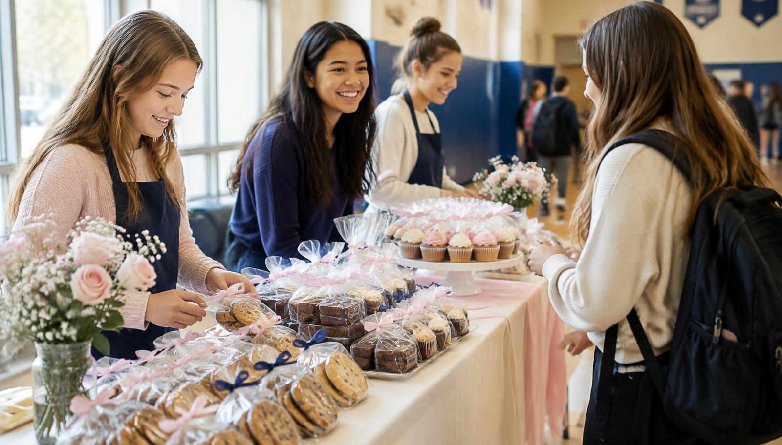 School bake sale table with packaged cookies, brownies, and cupcakes